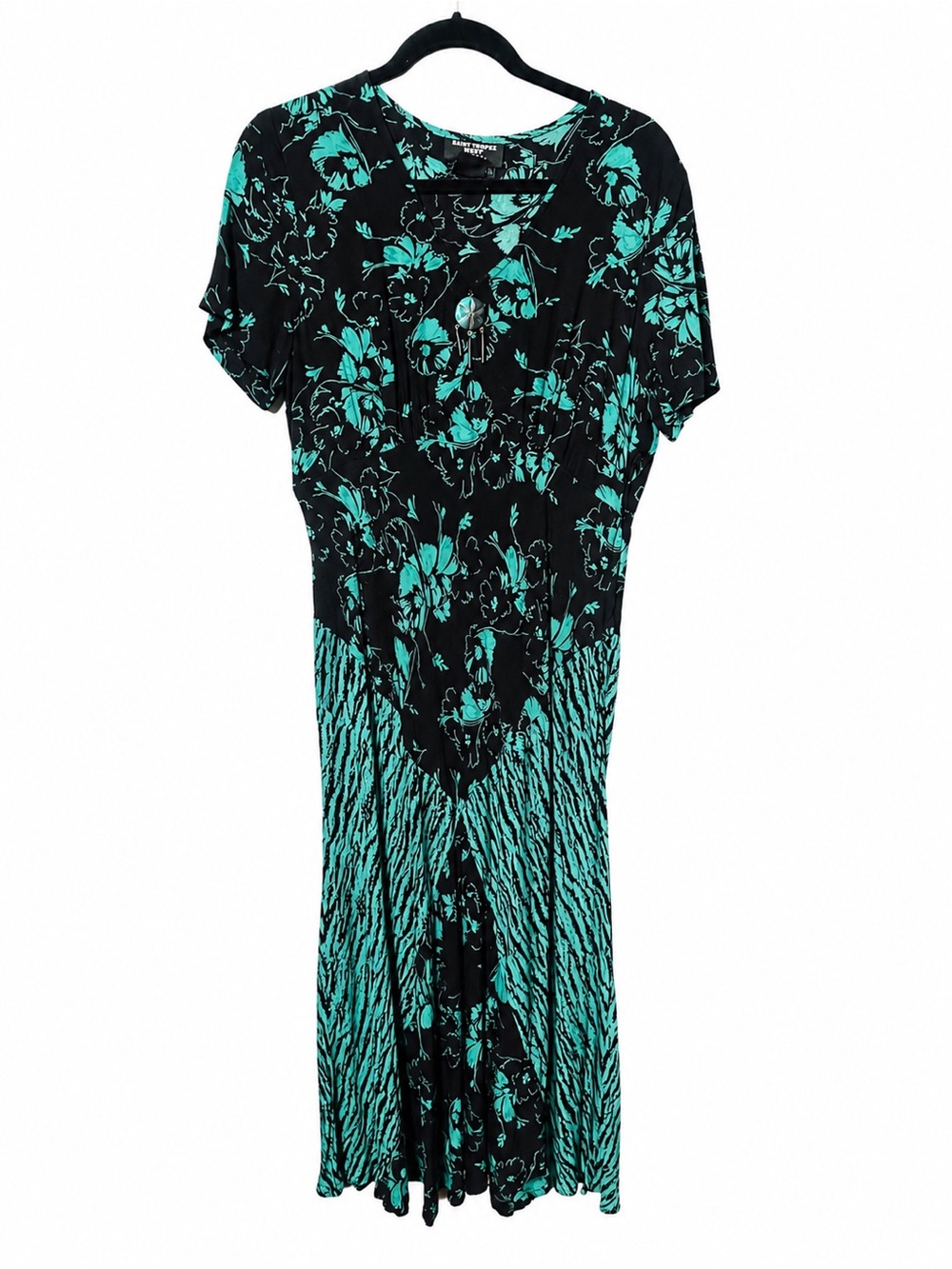 Saint Tropez West Teal Floral Mixed Print Rayon Midi Dress Boho Cottagecore
